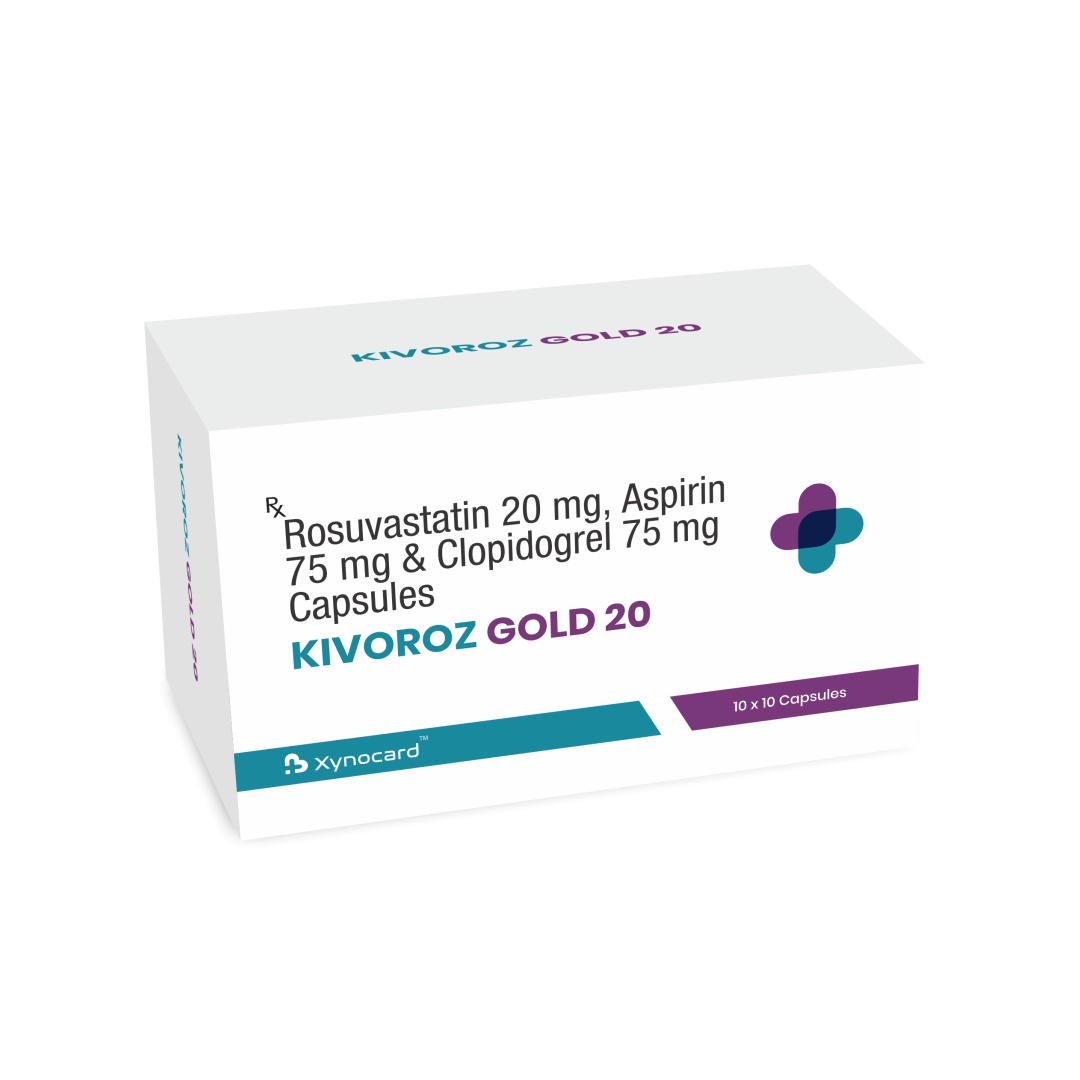 A brand of Rosuvastatin 20 mg + Aspirin 75 mg + Clopidogrel 75 mg Capsules