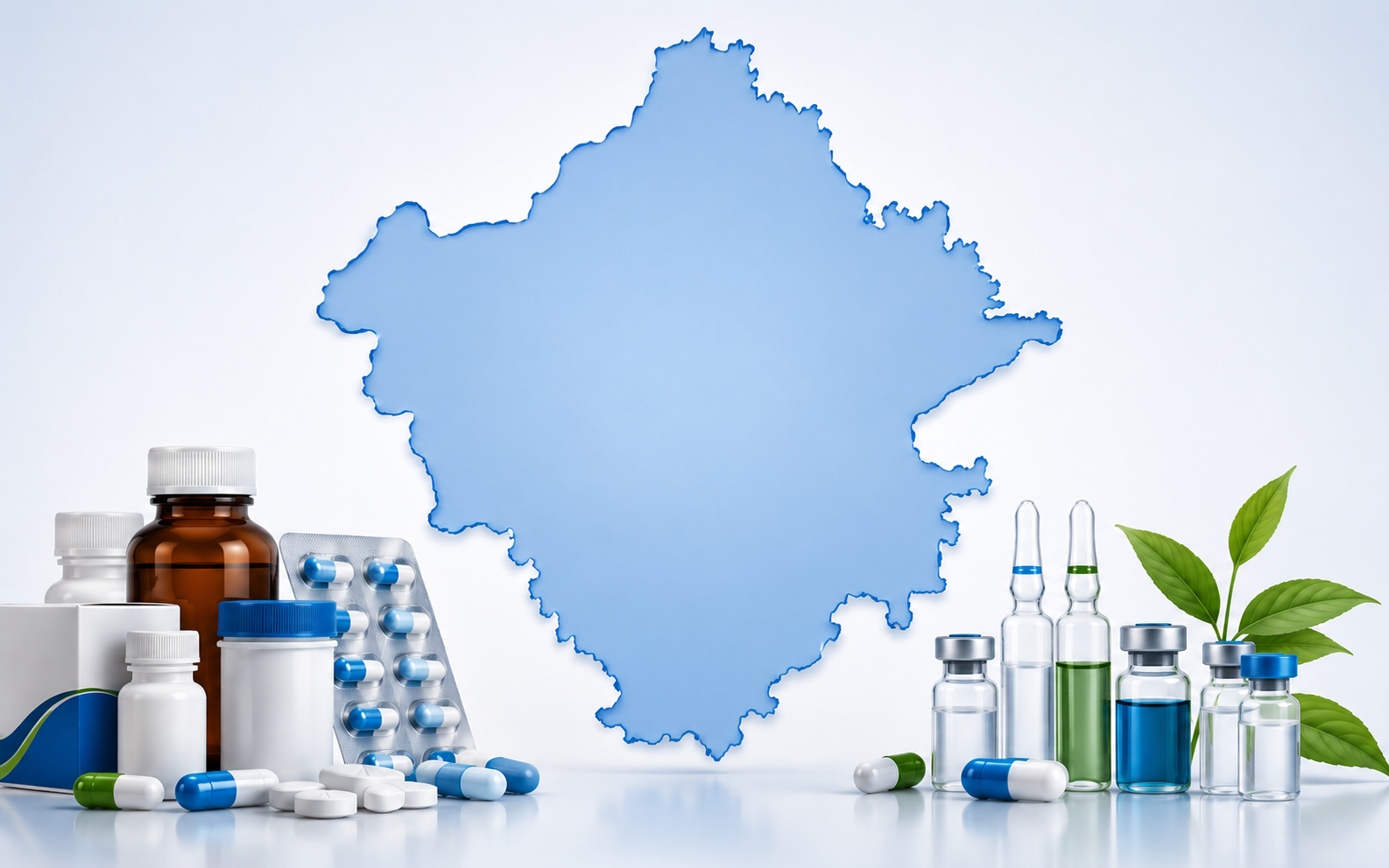 Medical products surrounding blue map